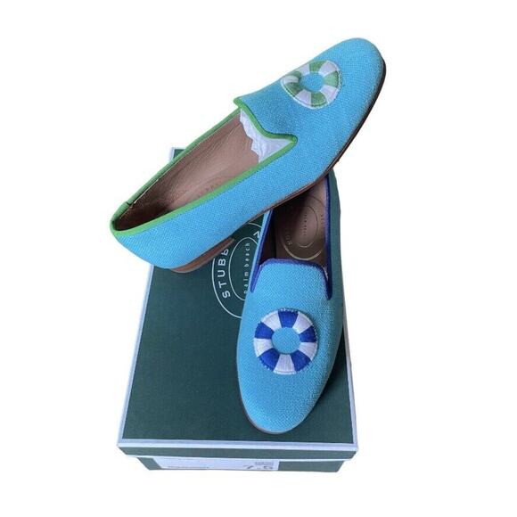 NEW Stubbs & Wootton Loafer Womens 7.5 Aqua Blue Palm Beach Slipper Spain NIB - Picture 1 of 12